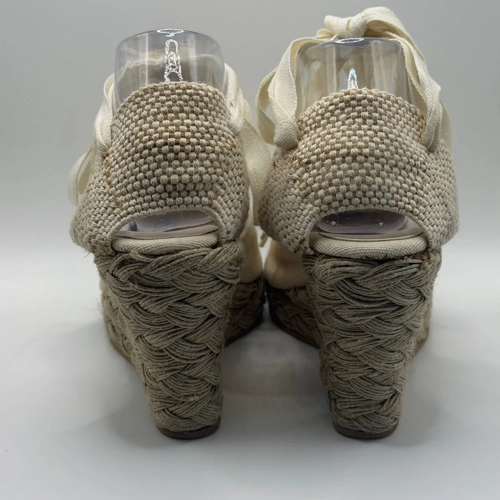 Castañer Canvas Lace Up Espadrille Wedge Sandals Cream Beige Ribbon Tie